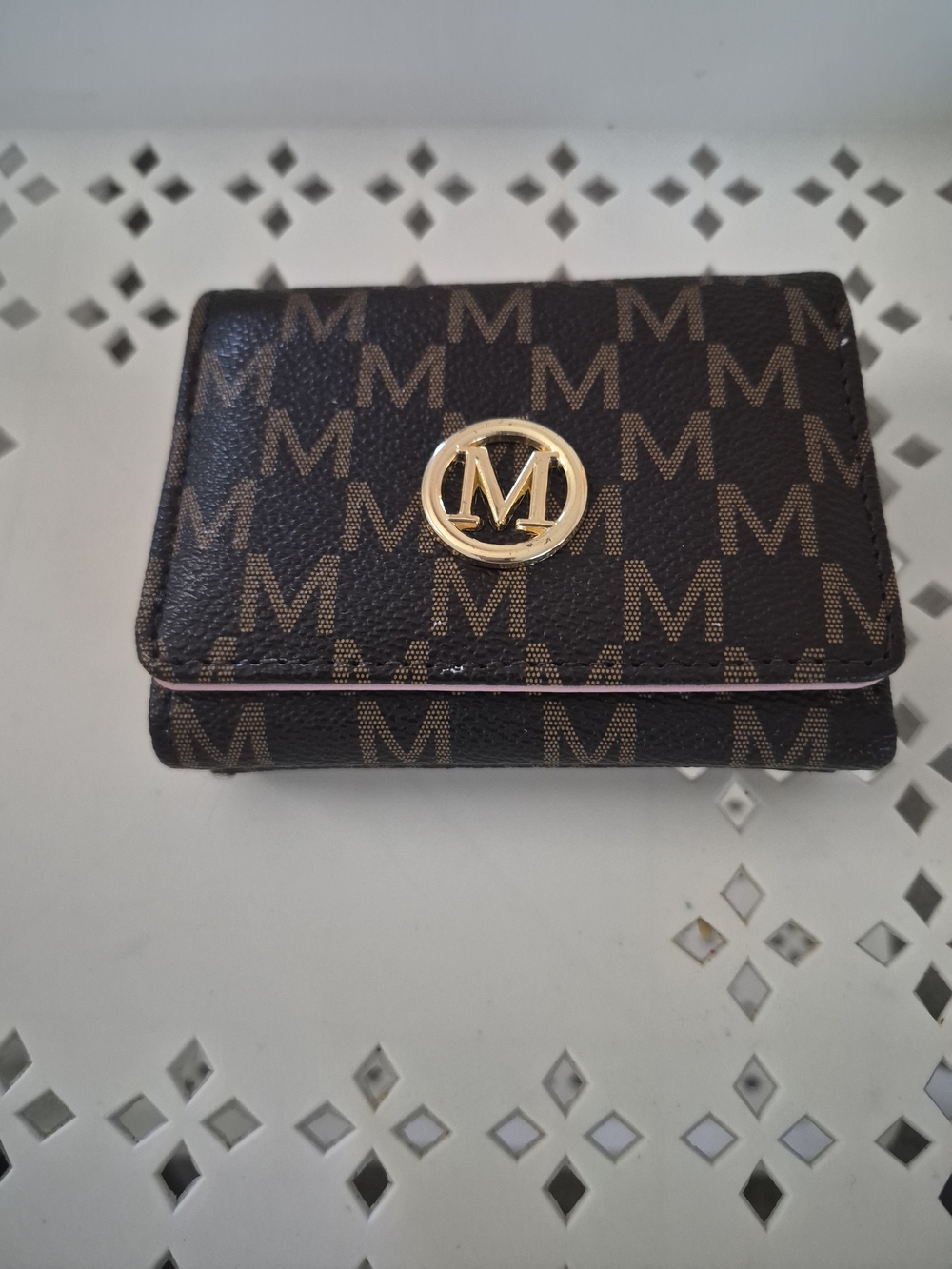 Brown Monogram "M" Print Trifold Compact Wallet with Pink Interior